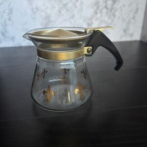 Vintage Pyrex Fleur-de-Lis Coffee Carafe Gold Tone Accents Glass Made in USA